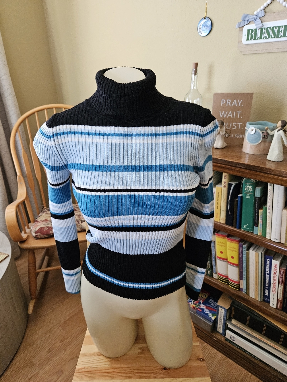 VENUS Striped Turtleneck Sweater - Black & Blue, Size S.
